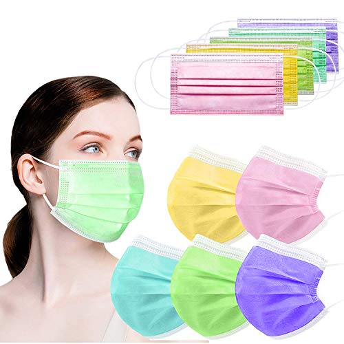Gokeop Five Colours Designed Disposable Face_másk for Women, 50/100/200 Pcs Colorful with Nose Clip and Elastic Ear Loop for Home Office Outdoor (100, 5-color 1)