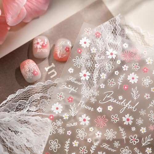 1 Sheet Flower Nail Art Stickers Floral Daisy Nail Decals Pink White Cute Daisy Small Flower Spring Summer Nail Design Daisy Floral Manicure Nail Supplies for Women DIY Nail Decorations Accessories