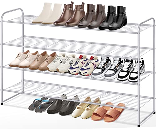KEETDY 4-Tier Long Shoe Organizer for Closet Floor, Wide Shoe Rack for Closet, Stackable Shoe Rack for Entryway Metal Shoe Shelf for 30 Pairs Men Sneakers with Wire Grid for Bedroom, Grey