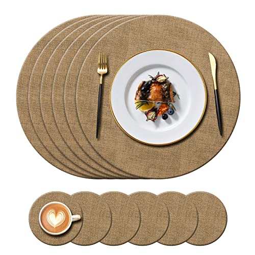 KERYCHIN 6 Round Leather Placemats(34cm) + 6 Coasters(10cm) Set, Heat-Resistant 212 °F PU Place mats, Non-Slip and Washable