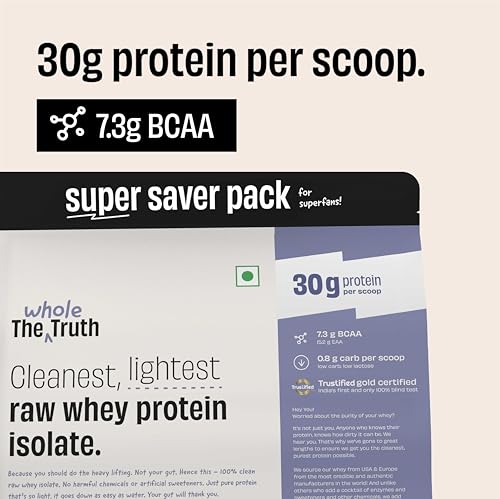 Image of The Whole Truth Whey Protein Isolate Unflavoured | 4 kg (8.8 lbs) | 30g Protein | 7.3g BCAA | No Adulteration | Improved Strength, Faster Recovery & Muscle Building | Vegetarian