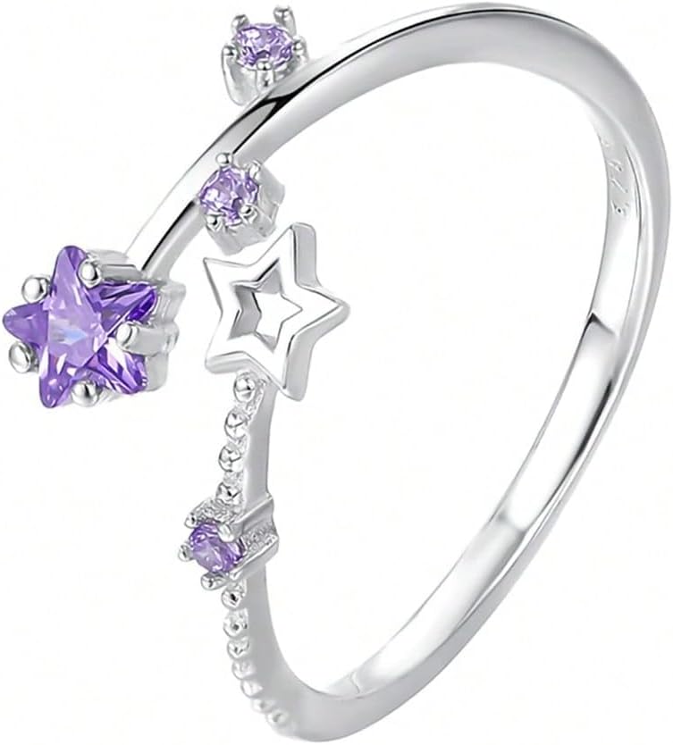 Sterling Silver Purple Zircon Star Ring, S925 Adjustable Dream Star Ring with Crystal Accents, Statement Fashion Jewelry for Women