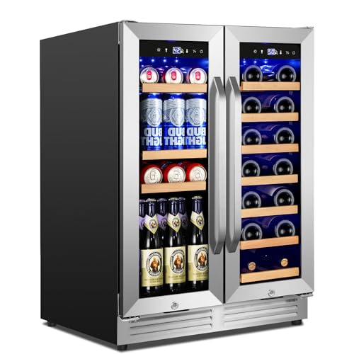 Image of 24 Inch Upgraded Wine and Beverage Refrigerator- Dual Zone Beverage Cooler with Glass Door | Under Counter or Freestanding | Large Capacity, Advanced Cooling System & Carbon Purification