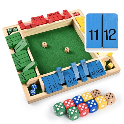 ropoda 12 Inches 4-Way Shut The Box Dice Board Game (2-4 Players) for Kids & Adults [4 Sided Large Wooden Board Game 8 Dice + Shut-The-Box Rules] Smart Game for Learning Addition