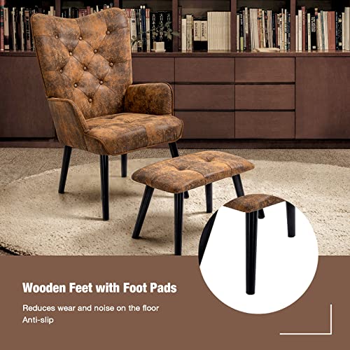 Ecotouge Accent Chair With Ottoman(Anti-Skid Feet Caps), Button Wingback Leisure Single Sofa, Arms Upholstered Tall Back Desk Chair For Bedroom, Reading(Brown) #TOP4