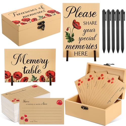 Image of Gilprop 112 Pcs Celebration of Life Memory Cards Set Share a Memory Cards with Box 2 Wood Sign with 4 Hold and 5 Pens, Sympathy Memorial Gifts Funeral Keepsake Decorations (Poppy)