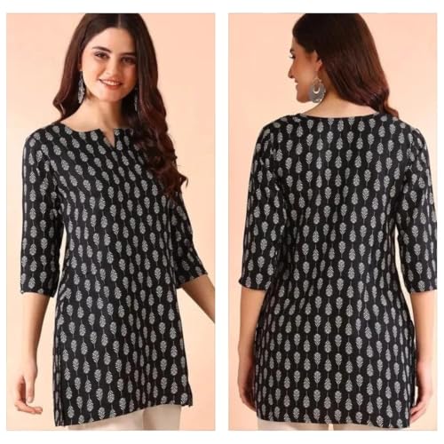 Image of Women's Short Kurti in Multicolor Rayon Cotton Blend | Ladies Ethnic Tunic | Office