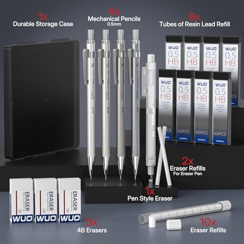 Image of WUO 0.5mm Metal Mechanical Pencil Set, 4-Pack with Eraser Pen and Case