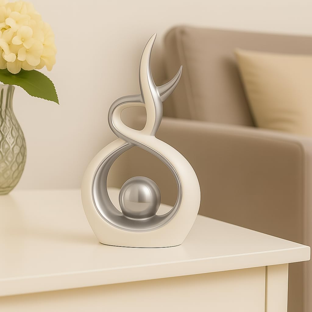 White & Silver Abstract Ceramic Ornament – Modern Decorative Sculpture for Living Room, Shelf & Coffee Table Decor – Minimalist Home Décor Accent, Table Centerpiece Gift
