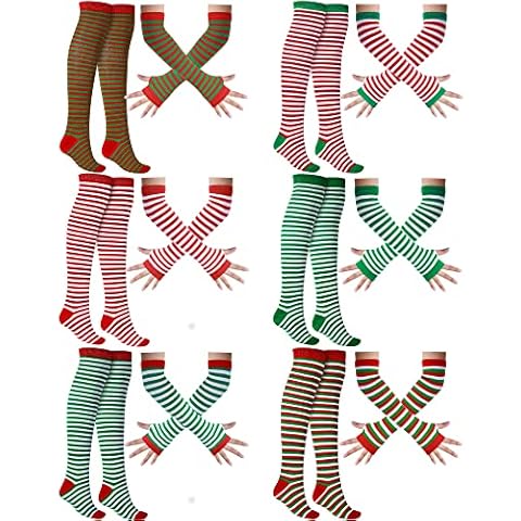 12 Pairs Women Long Striped Socks over Knee Tights Striped High Socks Arm Warmer Gloves Set for Christmas Halloween Cosplay, White, Red, Green, Medium Cover