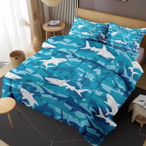 Nesphy Blue Shark Fish Full Comforter Set, Ocean Surf Camouflage Bedding Set 3 Piece, All Season Soft Toddlers Children Adults Bedroom Bed Decoration Comforter and 2 Pillow Shams
