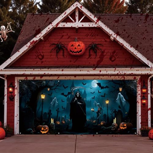Pancarta de Halloween para puerta de garaje decorativa exterior de tela resistente 8