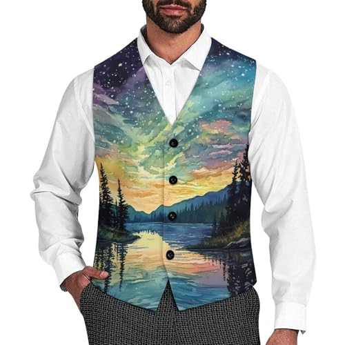 Aurora Starry Sky Night Formal Suit Vest for Men with Pockets for Business Casual Dress Tuxedo Slim Fit