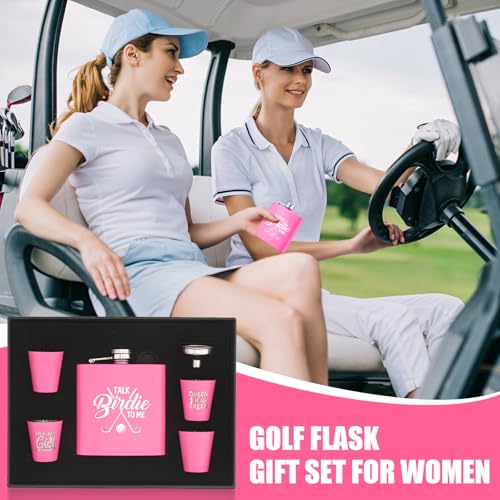 Realspring 6 Pcs Golf Gift Set for Women 6oz Golf Bottle with 4 Stainless Steel Glasses 1 Funnel for Golfers Funny Golfer Accessories for Women Mom Birthday Gift
