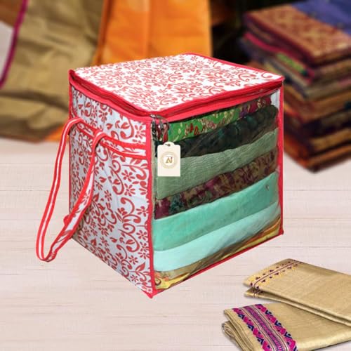 Image of Saree Storage Bag | Premium Wardrobe Cloth Organizer Box | Large Garment Cover with Polka Dot Design | Durable Fabric, Transparent Window | Pack Of 1 AWPM11684
