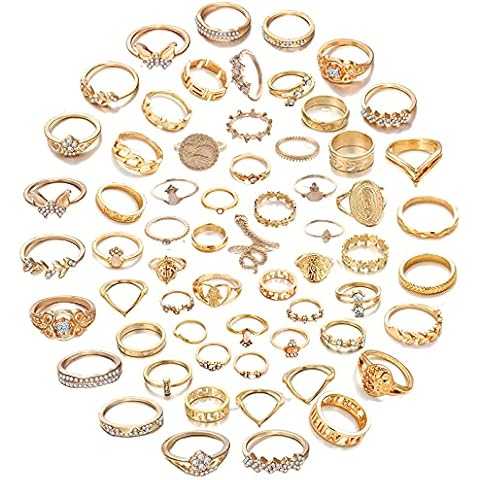 CJIAYUJEW 62 Pcs Vintage Gold Knuckle Rings Set,Stackable Finger Rings Vintage Knuckle Rings Set,Bohemian Hollow Carved Flowers Gold Rings Midi Rings for Women Grils Crystal Joint Rings (Gold-62pcs) Cover