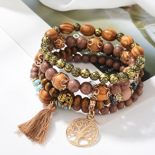 LICHUANUK Boho 4 Stück Armbänder Holzperlen Quaste Armband, Chakra Armband für Frauen, Natürliches Kristall heilsteine armband, Frauen Baum des Lebens Charm Statement Armreifen, Kristall Perle