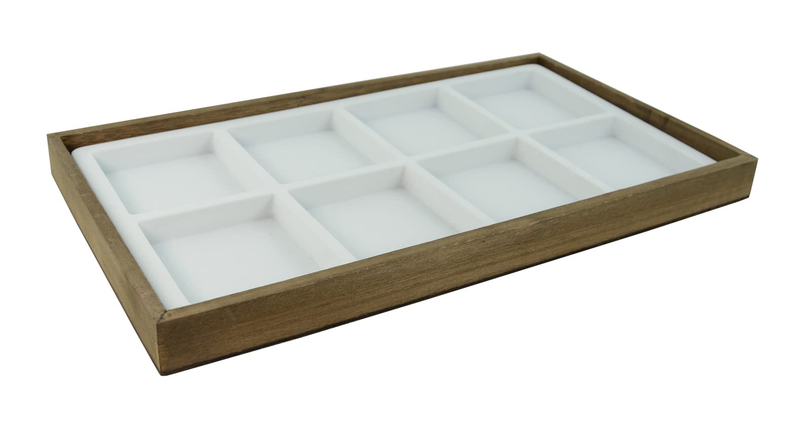 boxdisplays Bandeja de almacenamiento apilable de madera vintage con inserto flocado blanco a elección (bandeja con 8 compartimentos)