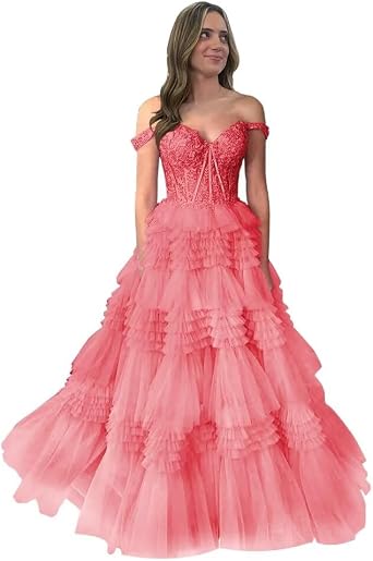 Tulle Prom Dress Long Ball Gown Tiered Ruffles Off Shoulder Lace Appliques Beaded Corset Formal Evening Party Gown