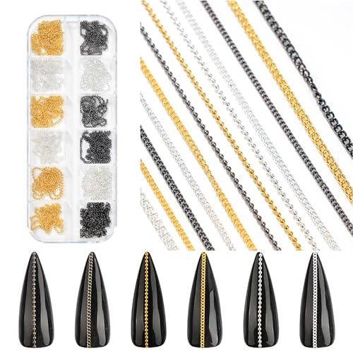WOKOTO 12 Gold Black And Silver Metallic 3D Nail Chains Charms Punk Ball Beads Fingernails Nail Charms Bling Design Gold Silver Jewels Diy Craft Decoration Accessories Chain Nail Charms Jewelrys
