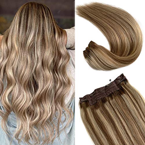 Licoville Halo Hair Extensions Human Hair Balayage Ash Brown to Ash Brown with Bleach Blonde Highlights Remy Hair Halo Extensions for Women 14 Inch 70g Straight One Piece Halo Hair Flip in