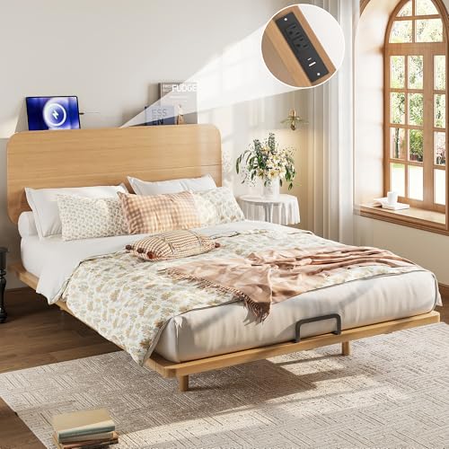 Image of Bellemave Queen Size Bamboo Bed Frame with Headboard,Bamboo Floating Platform Bed Frame Queen Size with Charging Station and Wood Slats,Easy Assembly,Natural