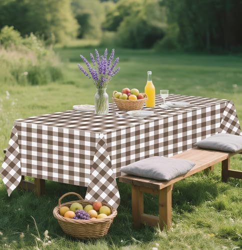 Image of SietDESEO 3 Pack Dark Brown Gingham Tablecloth Rectangle 54 x 108 Brown and White Checkered Table Cloth Disposable Plaid Table Cover Plastic for Birthday Baby Shower Picnic Wedding Party Supplies