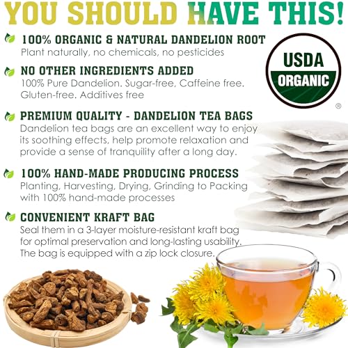 Image of USDA Organic Dandelion Root Tea Bags, Roasted Coffee Substitute & Liver Kidney Cleanse Tea, Digestion & Bloating Relief Support, 100% Pure Dandelion Root, Non-GMO, Caffeine Free, 50 teabags Eco-Conscious Corn Fiber