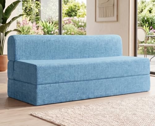 uberlyfe 3 Seater 6x6 Feet Foldable Sofa Cum Bed | Sleeps 3 People | King Mattress | 15-Inch Sofa Height | Breathable Aqua Blue Jute Fabric | 1 Year Warranty