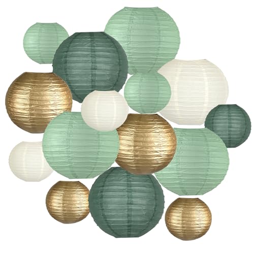 Image of 15-Pack Sage Green Gold Paper Lanterns Party Decorations | Assorted 6, 8 & 10-Inch Hanging Lanterns for Baby and Bridal Showers, Graduations, Weddings, Birthdays and Outdoor Receptions