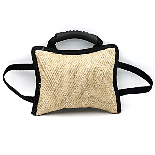 Hausdec Dog Training Bite Tug Toy with 3 Handles Linen Bite Pillow, Black & Beige