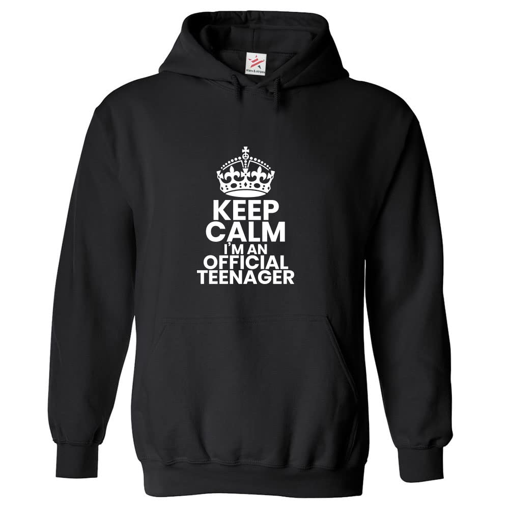 Stars and Stripes Keep Calm I'm an Official Teenager Funny Unisex Kids Pullover Hoodie (XS, Black, 12_13 Years)
