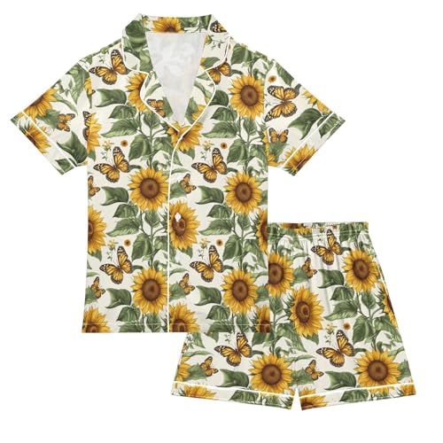 Yellow Sunflower Butterflies Vintage Pajamas Set Soft Pjs Sets 2 Piece Short Sleeve Sleepwear Casual Loungewear