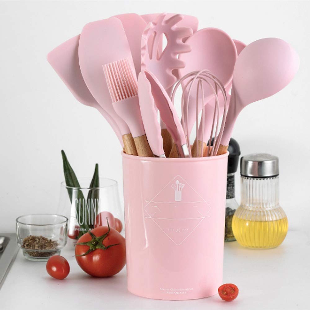 Juego de espátula de Silicona, Utensilios de Cocina, sartén Antiadherente, espátula de Cocina con Fugas Especiales, Mango de Madera Resistente a Altas temperaturas, Cubo de Almacenamiento