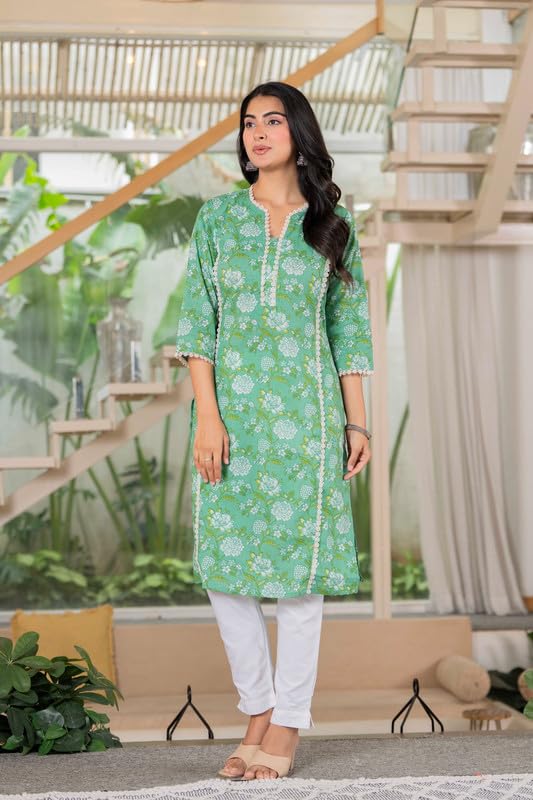 Image of Women's Pure Cotton Floral Printe Straight Single Kurti