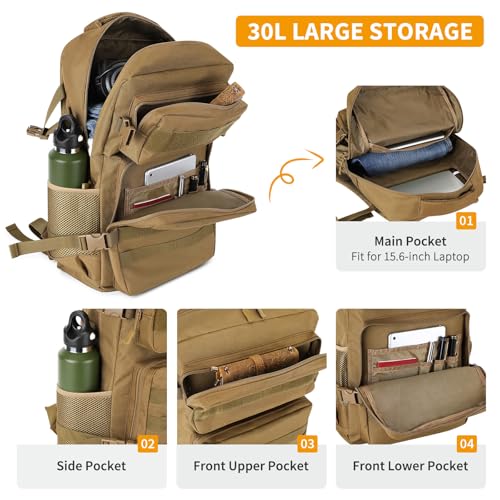 Sac a dos militaire respirant 30L avec sangles de compression marron - 2