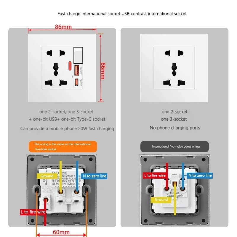 Image of PD20W Wall Socket Type C & QC18W 3.6A USB Wall Socket Wall Charger with Universal socket with switch control USB Charger for Home and Office (White)