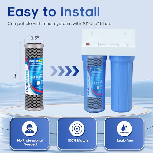 Image of ICEPURE 1 Micron 10 inch x 2.5 inch Whole House Upgraded Coconut Shell Activated Water Filter Lead Remove Filter Cartridge Replacement for WFPFC8002, SCWH-5, WHCF-WHWC, FXWTC, CTO10-CQB, RO Unit, 2PACK
