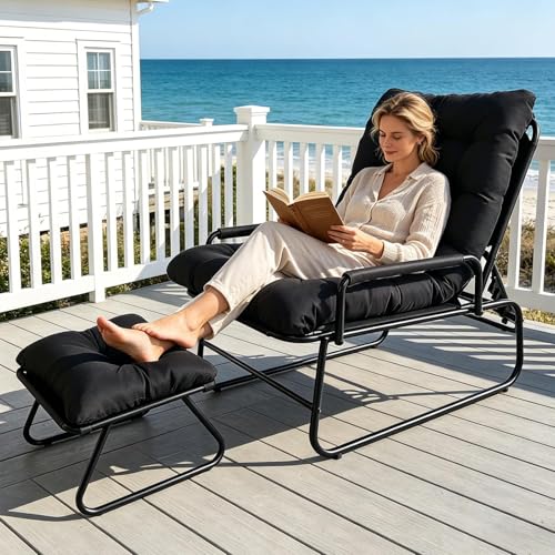 OVLRIJP Tumbonas Jardin Exterior, Sillon Jardin Exterior, Tumbona con Taburete, Cojín Extraíble, 4 Posiciones Respaldo Ajustable, Sillones para Jardín, Terraza, Balcón (Negro)