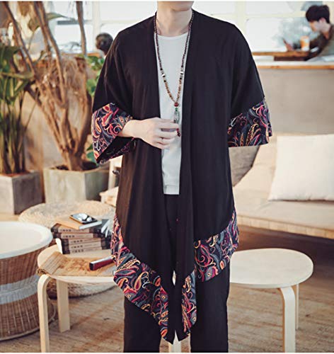 HZCX FASHION Men's Cotton Linen Long Kimono Jackets Open Front Cardigan Cloak(Phoenix Flower,S)