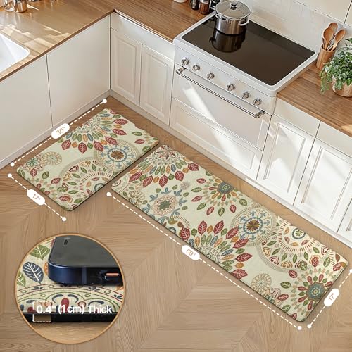 GENIMO Kitchen Mats for Floor 2PCS, Cushioned Kitchen Rugs Non Slip Washable, Farmhouse Anti Fatigue Mat Waterproof, Comfort Standing Mat Rug for Office, Home, Laundry, 17.3"x59"+17.3"x30", Beige&Red