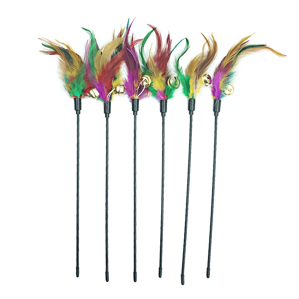 IUHKBH Cat Feather Wand Toys, 6 PCS Cat Color Vary Feather Teaser Exerciser Wand, Colorful Feathers Bell Toys for Cat and Kitten