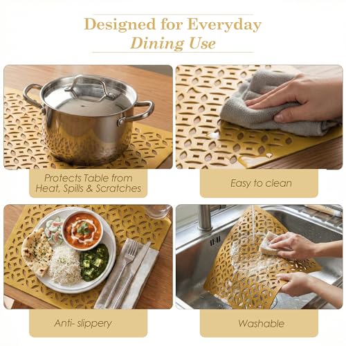 Image of Kuber Industries 12x12 Inch Leather Table Mats Set of 6 | Placemat /Dining Table Mat for Wedding and Family Functions | Mat Square Design - Golden
