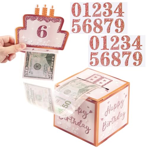 PEUTIER Happy Birthday Money Gift Box, with 0-9 Number Birthday Cake Signs Opp Bags Birthday Cash Surprise Box Fun Cash Gift Pull Box for Women Man Any Age Party Decorations