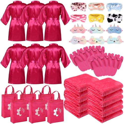 Bonuci 36 Pcs Spa Party Supplies for Girls Birthday 6 Set Sleepover Party Satin Robes 6 Slumber Throw Blankets Kids Kit Pack
