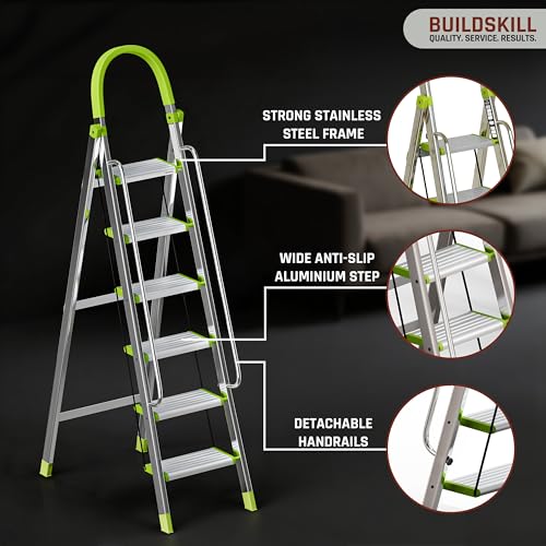 Image of BUILDSKILL Aluminium Ladder for Home 6 Steps | 35x16cm Wide Anti-Slip Aluminium Steps | Stainless Steel Body | Handrails | Load 150 Kg| Foldable Lightweight 6.5KG Ladder for Kitchen, Office & Home