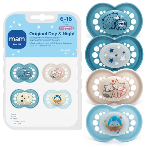 Image of MAM Original Baby Pacifiers 6-16 Months, Binky for Newborn Babies, BPA-Free Skin Soft Silicone Nipple, Glows in The Dark, Developed with Medical Experts, 4 Count, Made in Europe