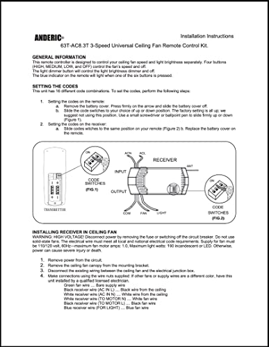 Anderic Ceiling Fan Remote Control Kit Universal For 3-Speed Fans With Fan Timer And Light Control 3-Speeds, Compact Receiver 63T-Ac83T-Kit #TOP6