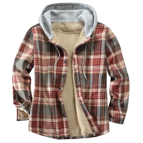 Image of Men's Cotton Plaid Shirt Jacket Fleece Flannel Sherpa Button Down