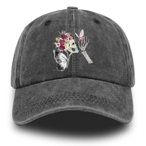Skull and Rose Baseball Cap Womens Hat Baseball Caps for Men Skull Hats for Women Dad Vintage Plain Fashionable Black Denim Ball Cap Washed Distressed Adjustable Baseball Hat